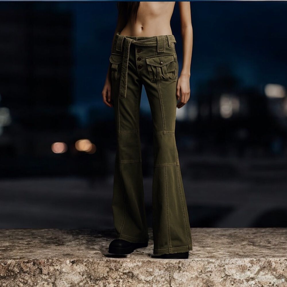 Twill Twenty Two 22 Y2K Olive Green Cargo Pants with Belt Wide Leg 29